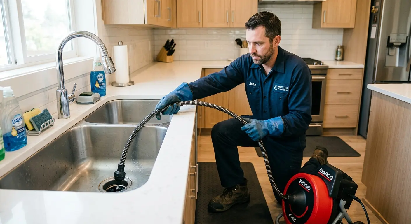 Drain cleaning technician using a motorized snake on a kitchen sink in Candlewick Lake