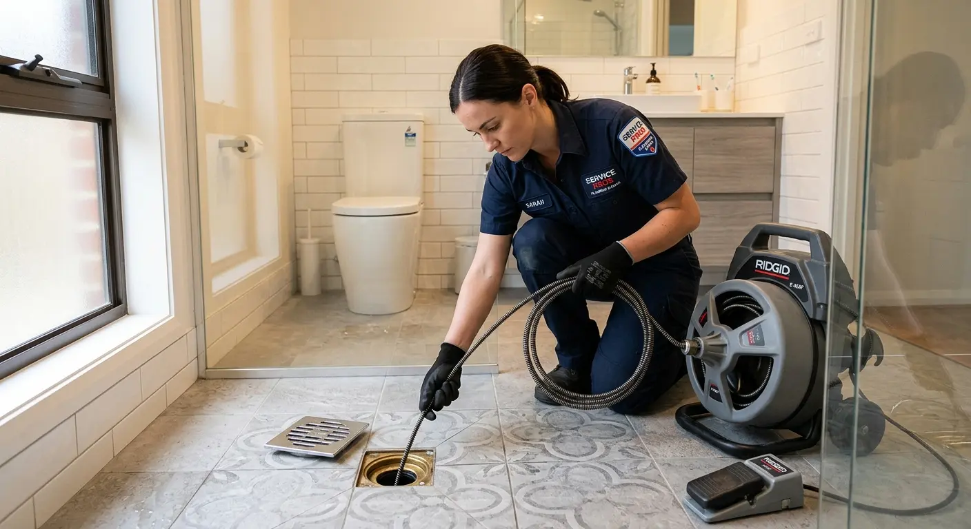 Technician clearing a bathroom floor drain for Sewer Line Installation in Candlewick Lake